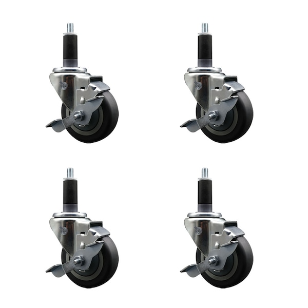 Service Caster 3.5'' SS Thermoplastic Rubber Swivel 1-1/8'' Expanding Stem Caster Set with Brake, 4PK SCC-SSEX20S3514-TPRB-TLB-118-4 - main